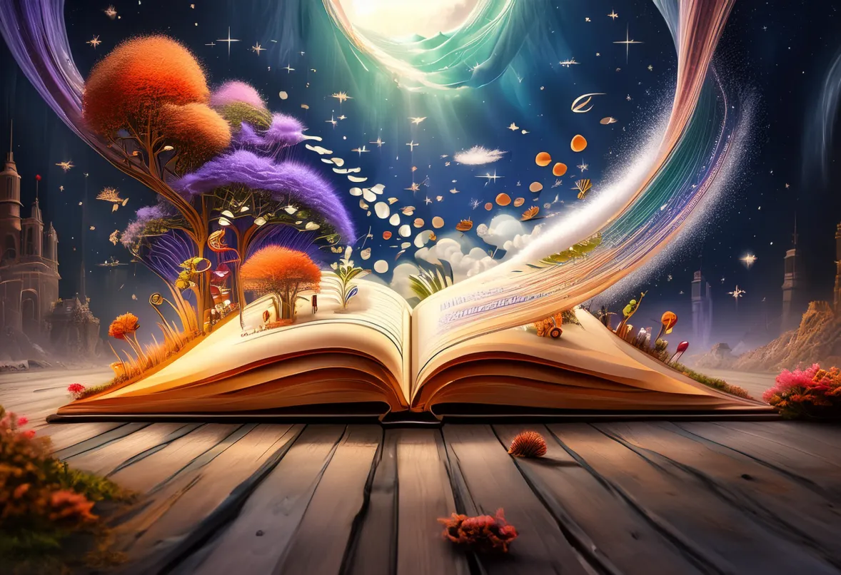 Ein offenes Buch, aus dem eine Weit erscheint.